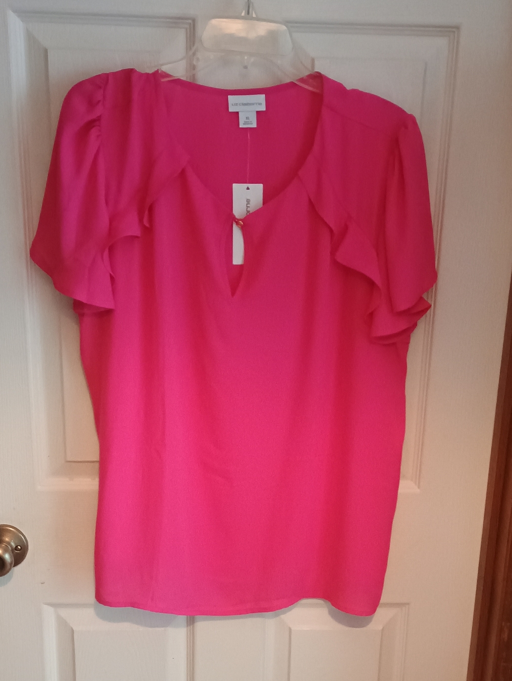 Women's XL Hot Pink Ruffle Sleeve Keyhole Blouse